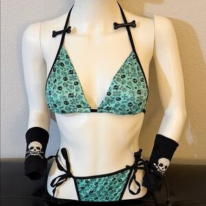 Women’s Mint Green Skull Print String Bikini - Black Trim